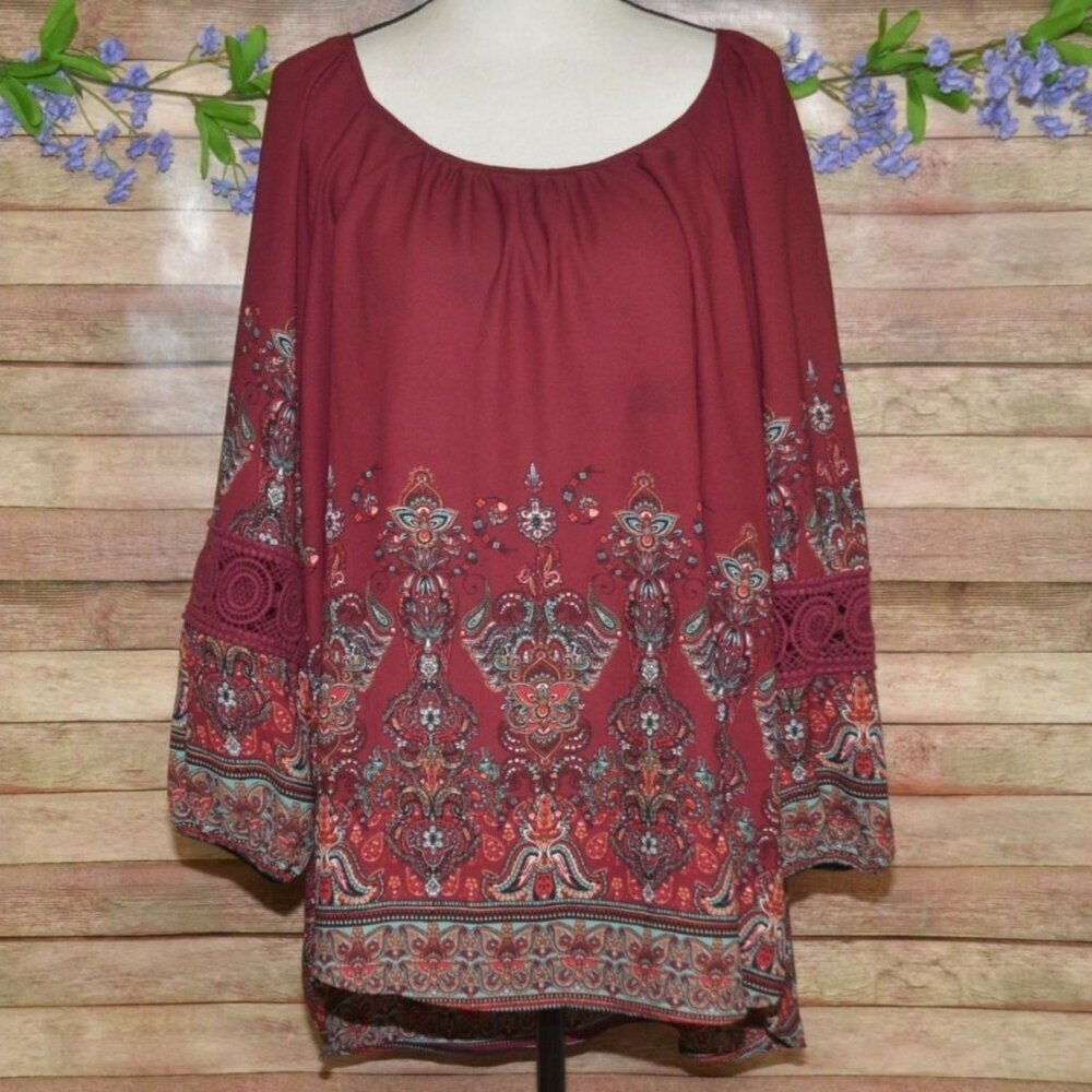 CATO Chiffon Blouse in Burgundy Print Crochet Detail Top Size 18W 20W Tunic